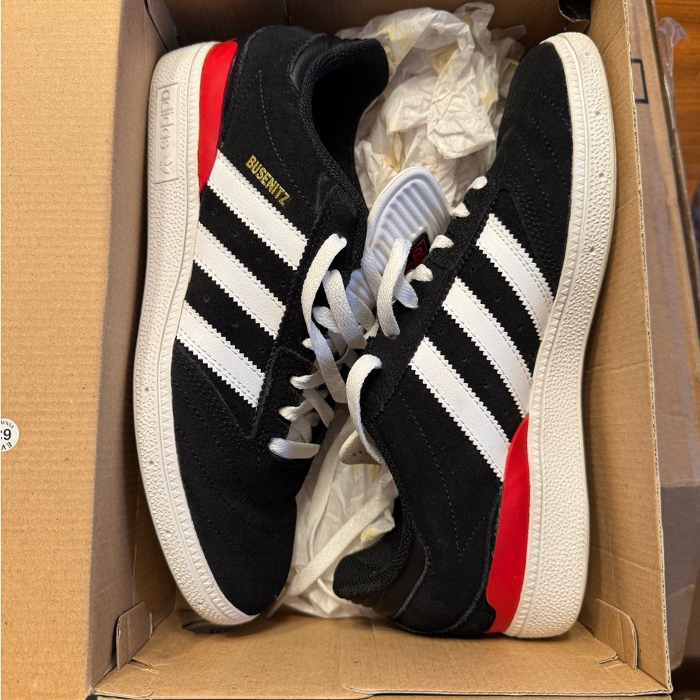 Adidas Busenitz Black, White, and Scarlet Red Skateboard Sneakers